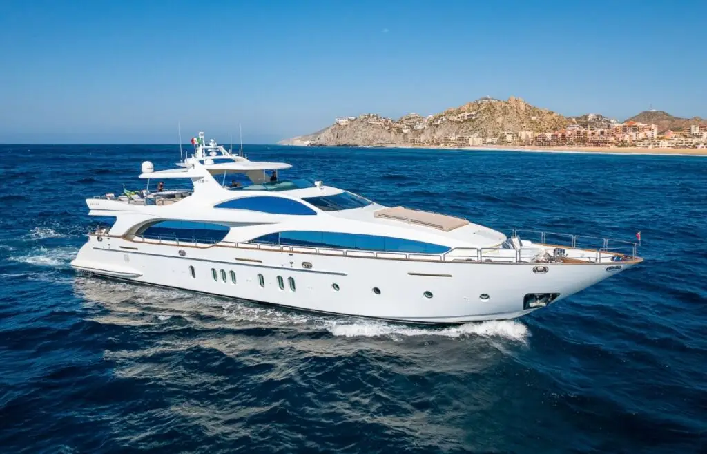 100ft White Super Yacht sailing on the Cabo's Ocean Ozean Charters Luxury Yacht Rental Cabo