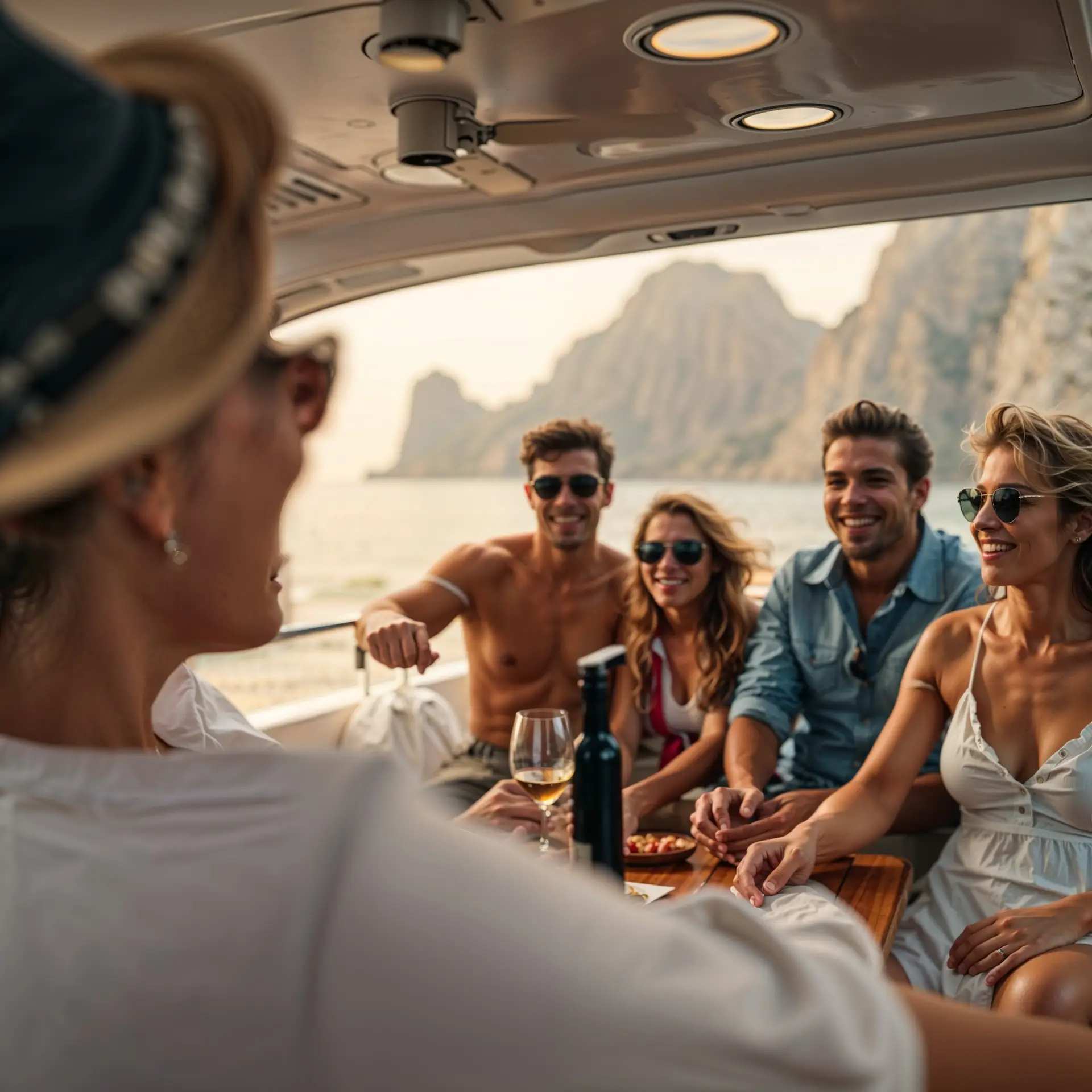 Close up shot of group of high net worth wealthy friends enjoying luxury yacht charter in cabo san lucas