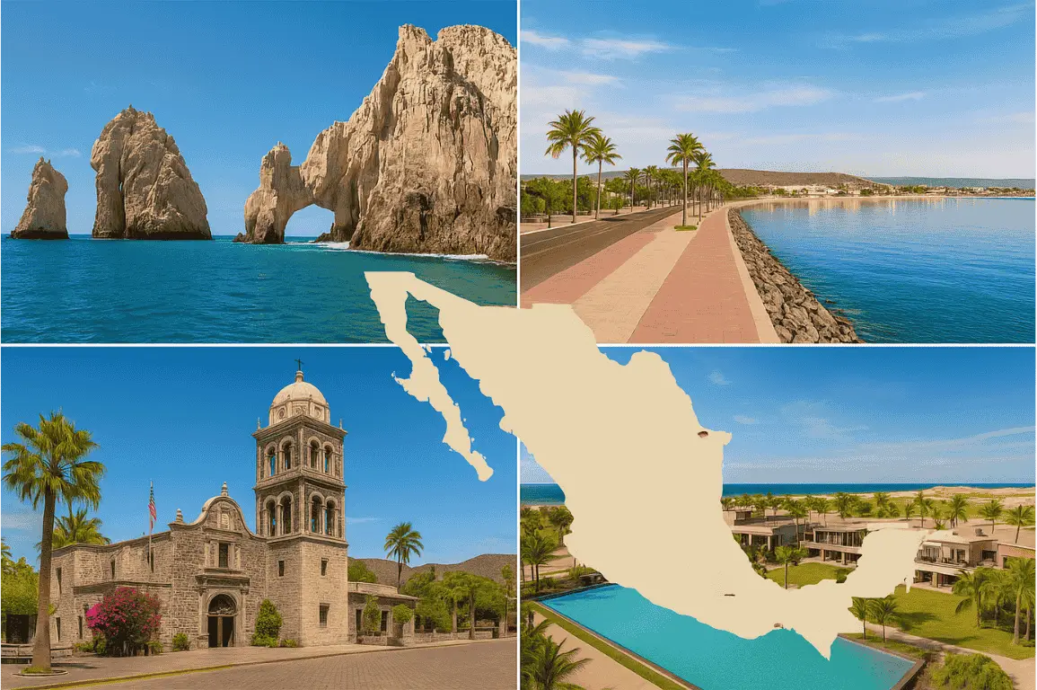 Collage of Cabo’s El Arco, La Paz Malecón, Loreto Mission, and Costa Palmas resort with a Baja map overlay