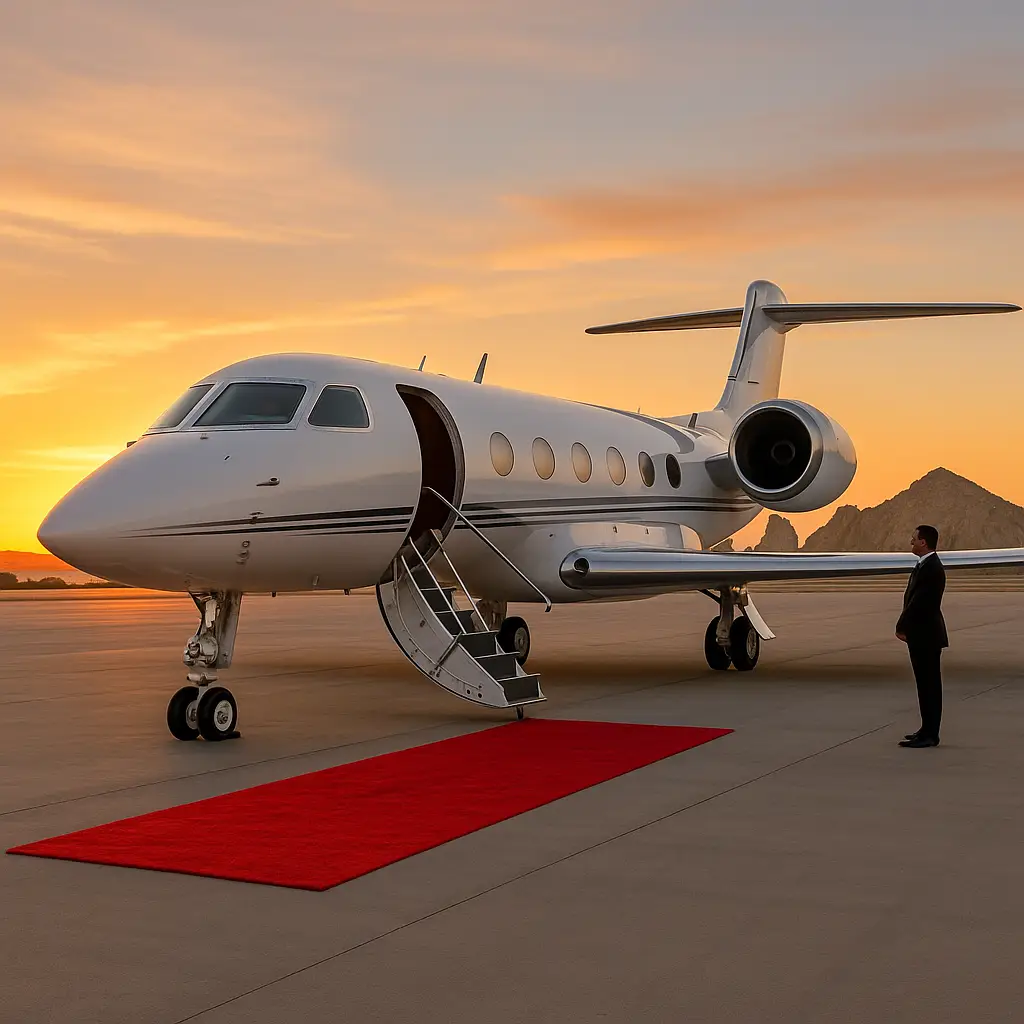 Gulfstream jet with red carpet at San José del Cabo airport, El Arco glowing at sunset.