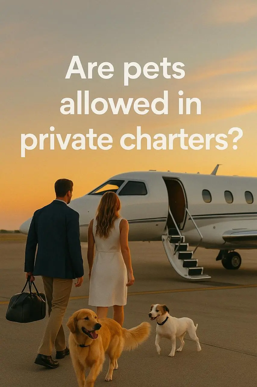 Wealthy couple about to go into their private jet charter with their dogs allowed on the plane