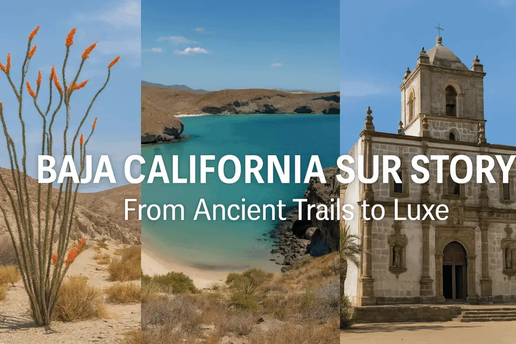 Collage of Baja desert coast and historic mission