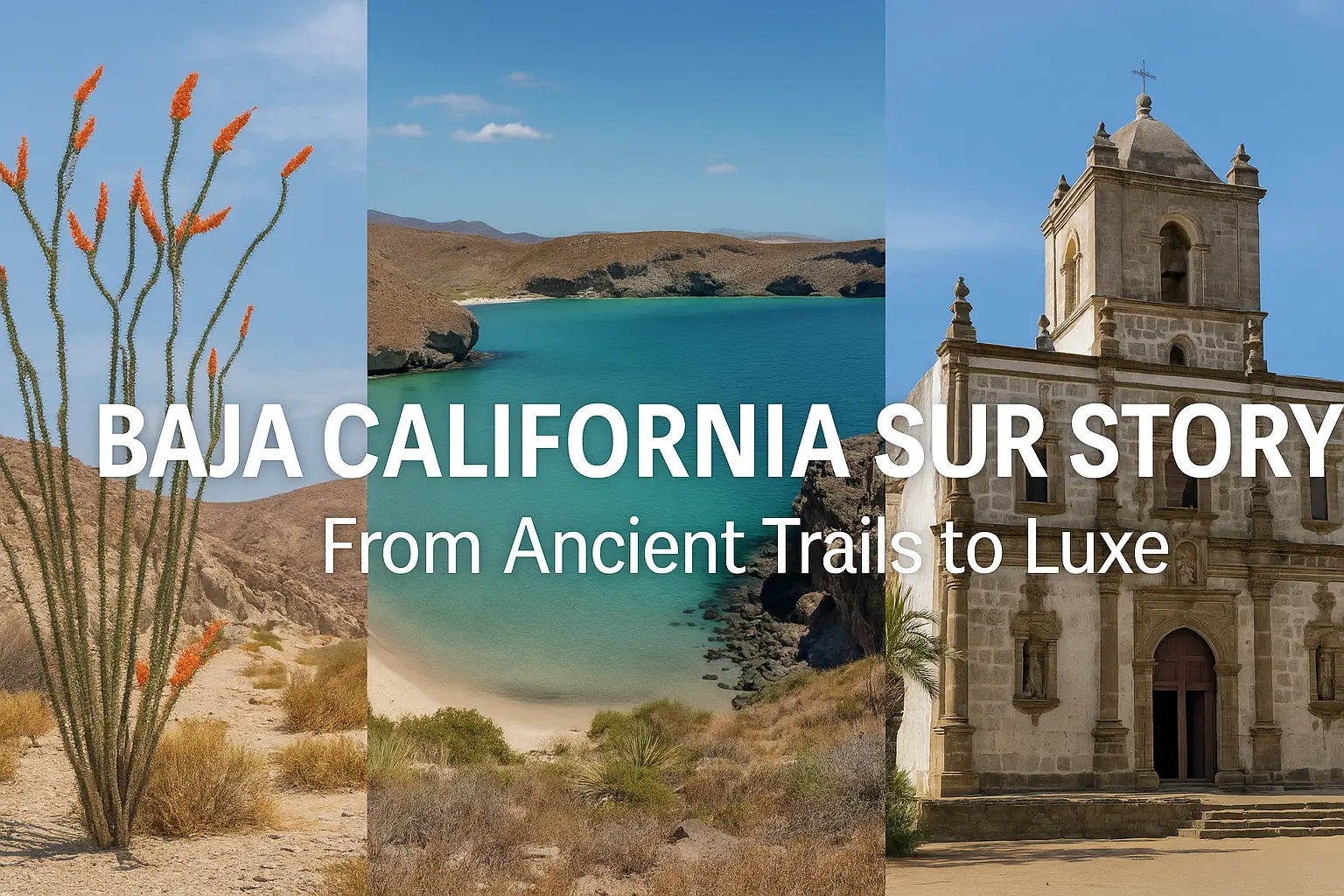 Collage of Baja desert coast and historic mission