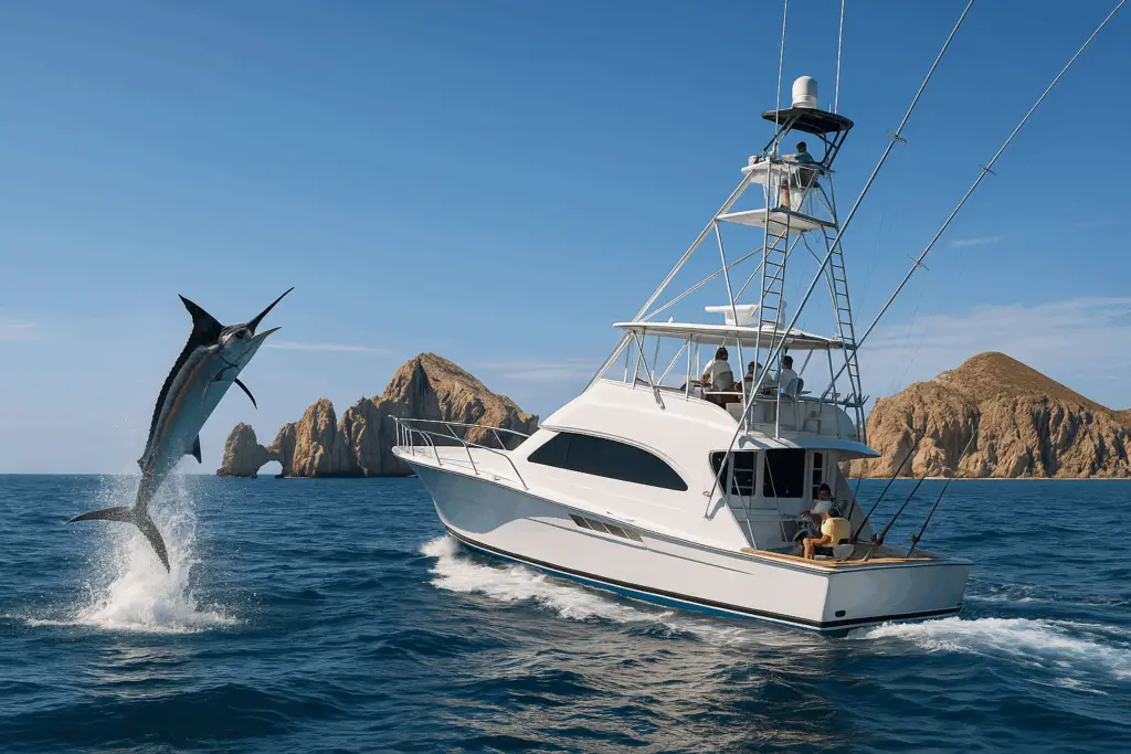 Luxury sport-fishing yacht reeling marlin near Cabo San Lucas