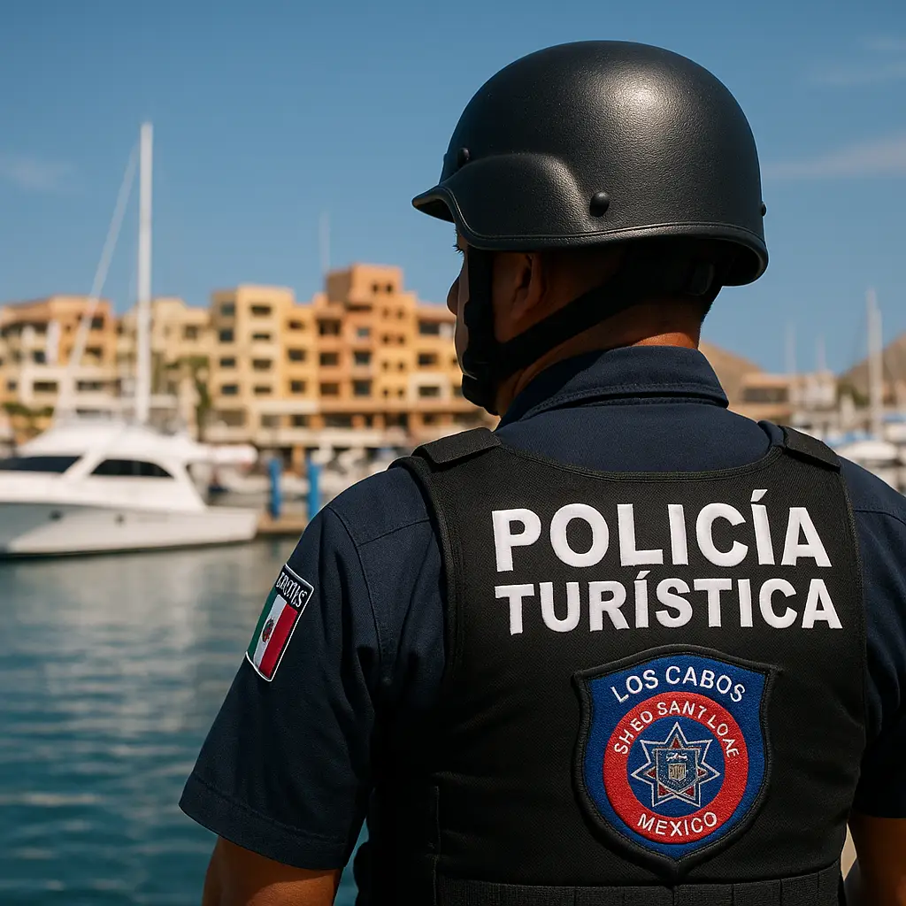 Los Cabos tourist-police officer at marina with yachts
