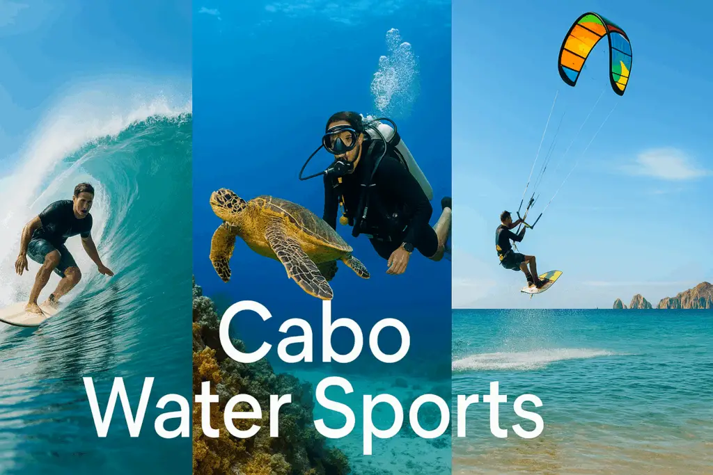 Collage of Cabo surfer diver kiteboarder under blue sky