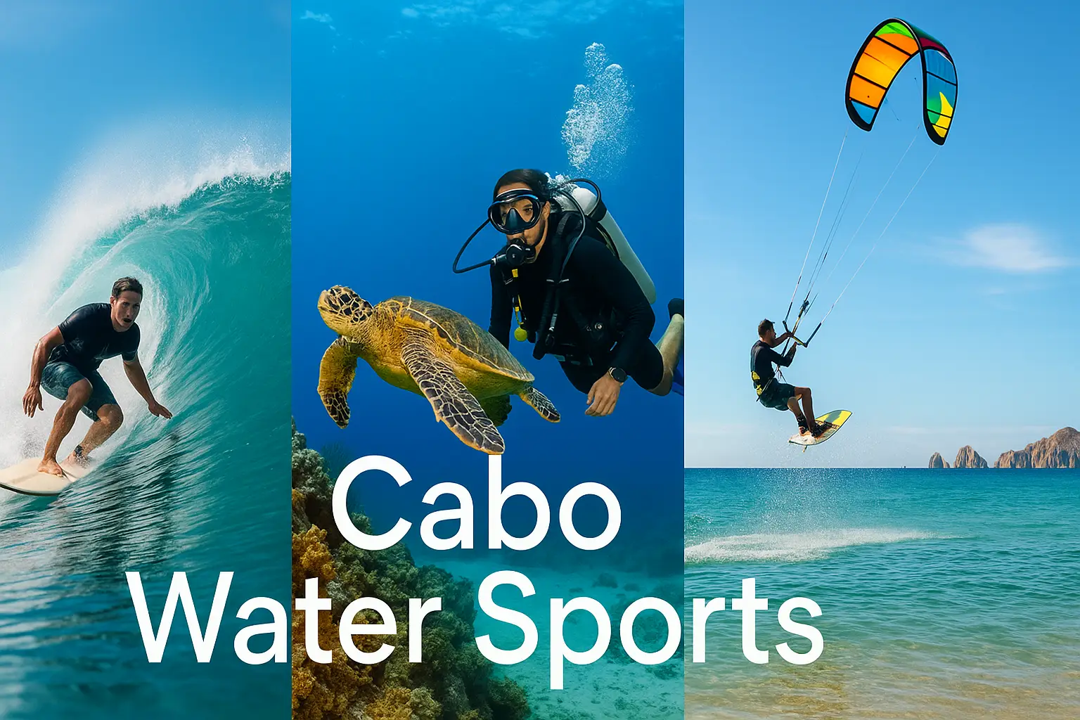 Collage of Cabo surfer diver kiteboarder under blue sky