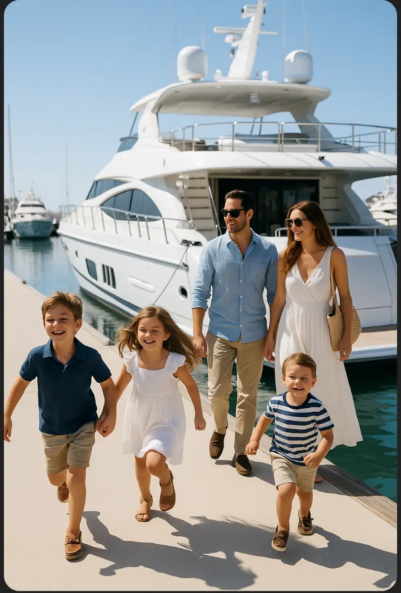 family allowed in a luxury yacht charter. A couple walking towards luxury yacht in marina with 3 kids running