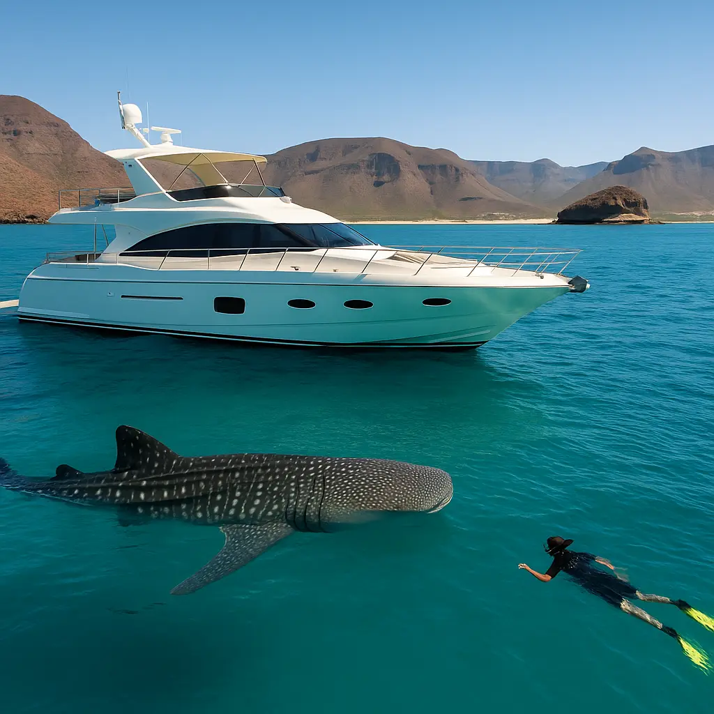 Luxury yacht with snorkeler and whale shark in La Paz bay