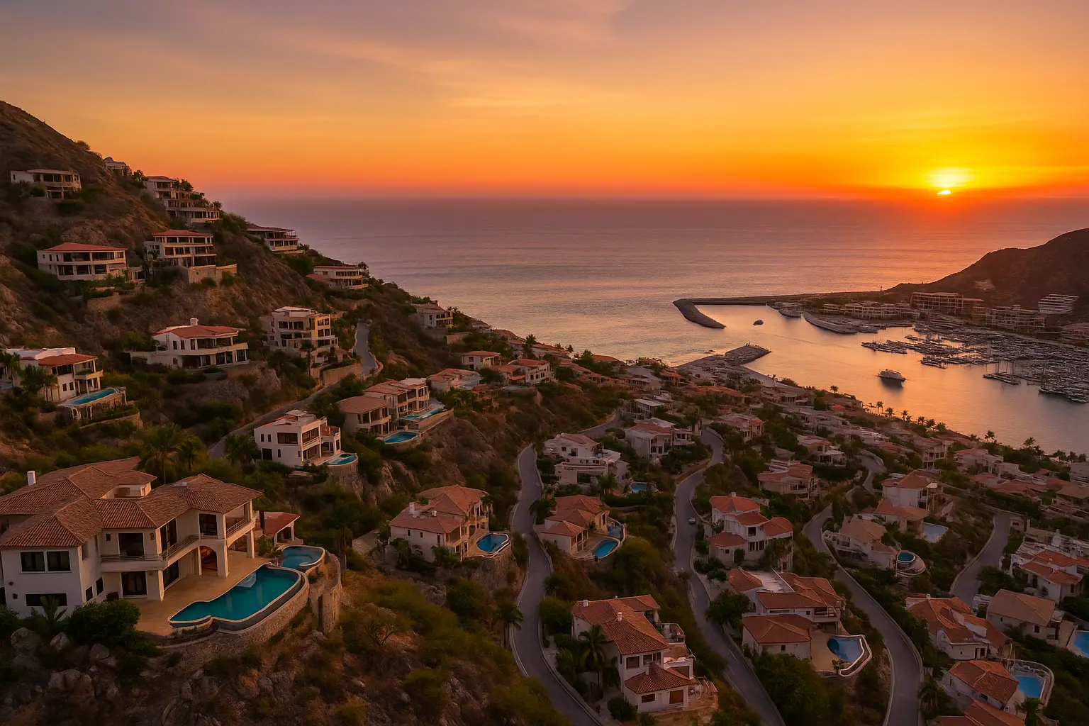 Aerial sunset view of luxury villas in Pedregal Los Cabos