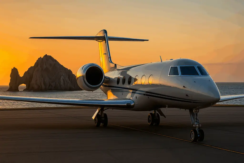 Gulfstream private jet on Cabo runway at sunset with El Arco