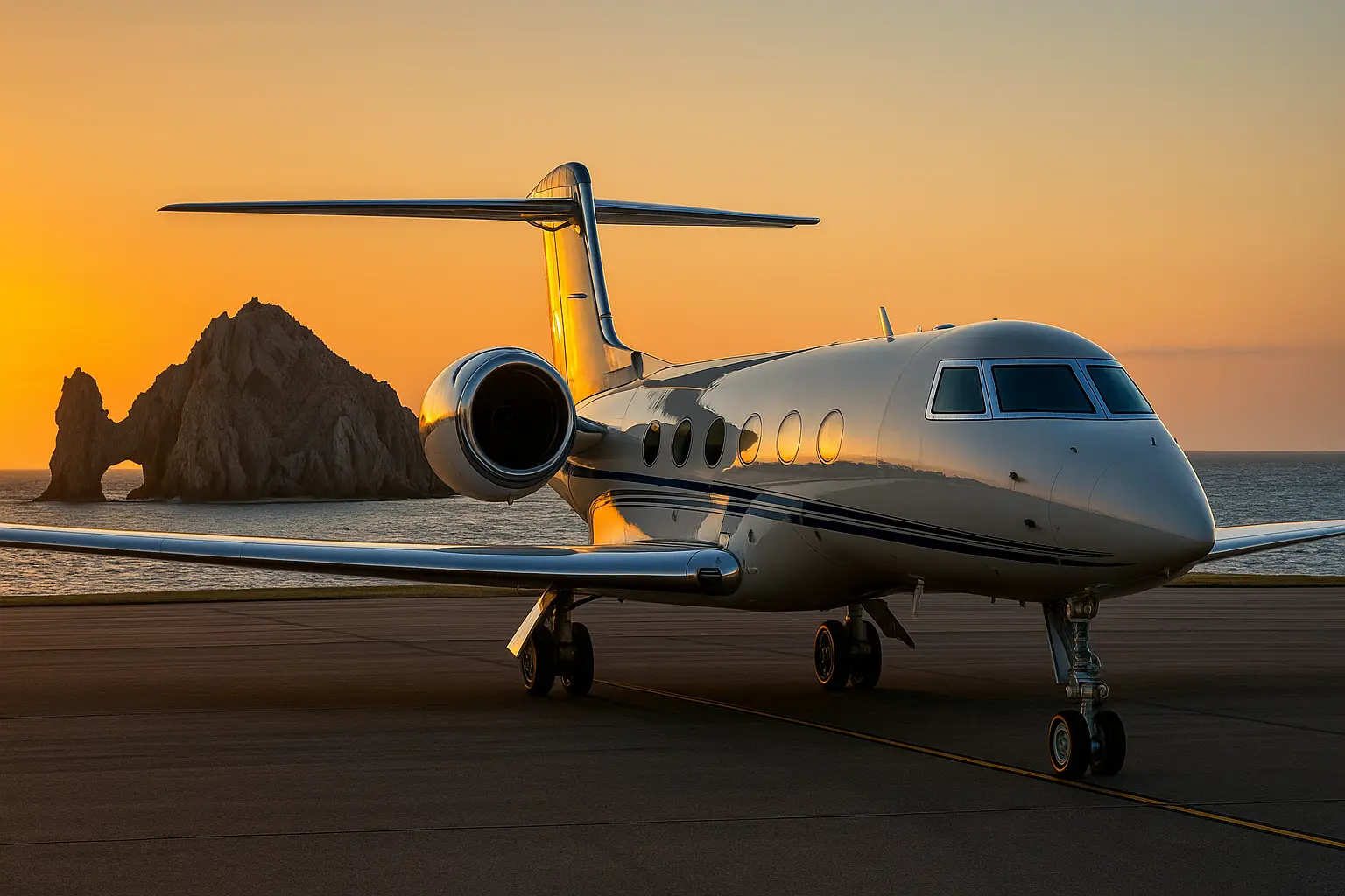 Gulfstream private jet on Cabo runway at sunset with El Arco