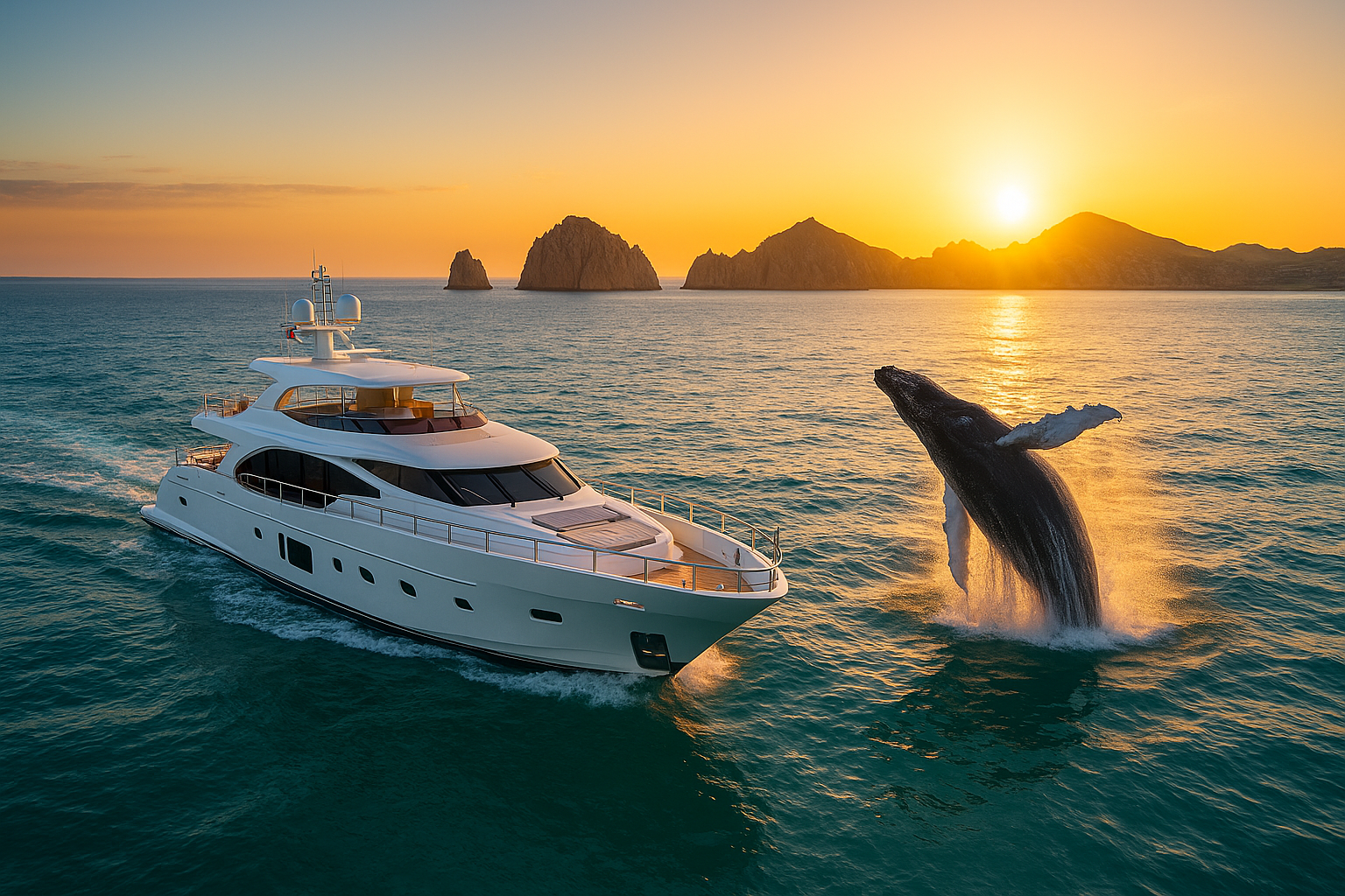 Luxury yacht whale watching Cabo San Lucas at sunrise