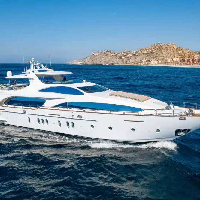 100ft White Super Yacht sailing on the Cabo's Ocean Ozean Charters Luxury Yacht Rental Cabo