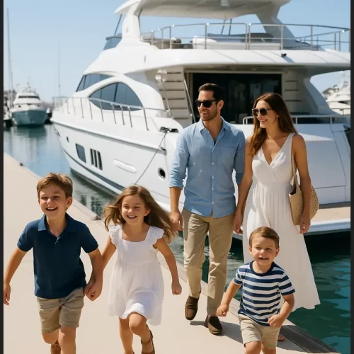 family allowed in a luxury yacht charter. A couple walking towards luxury yacht in marina with 3 kids running