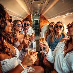 group of wealthy friends in casual beach attire smiling and drinking champagne on a Gulfstream G650 private jet group of wealthy friends in casual beach attire smiling and drinking champagne on a Gulfstream G650 private jet